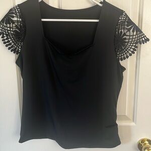 Black Short Sleeve Blouse with Shoulder Accent